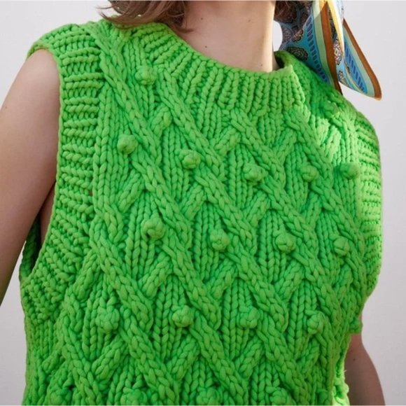 Zara Limited Edition Cable Knit Dot Sleeveless Sweater Vest Green Sz Small - Picture 3 of 11